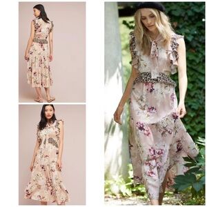 NWT KACHEL Sedona Sunrise 100% SILK Lotus Floral Leopard Ruffle Pattern DRESS 10